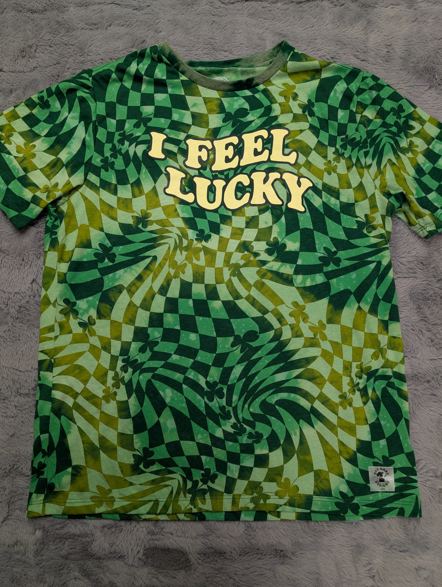 St. Patrick's Day "I Feel Lucky" Checkerboarded Reverse Tie-Dye T-Shirt