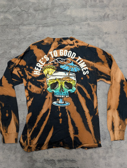 Here's to Good Times Tiki Skull Reverse Tie-Dye Long Sleeve T-Shirt