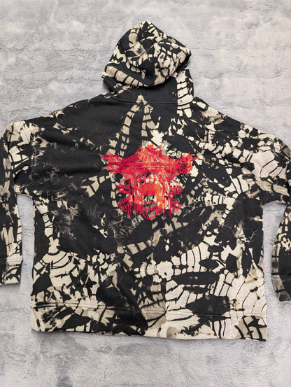 Black Reverse Tie-Dye Hoodie Sweatshirt with Red Asian Logos and Velour Lining