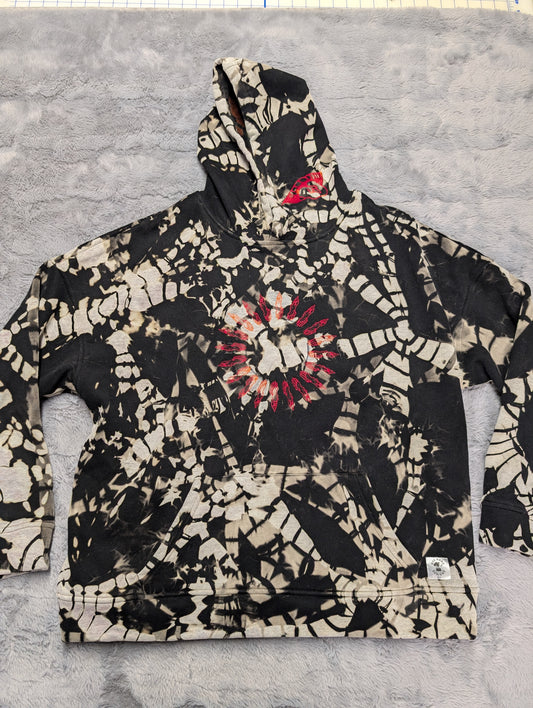 Black Reverse Tie-Dye Hoodie Sweatshirt with Red Asian Logos and Velour Lining